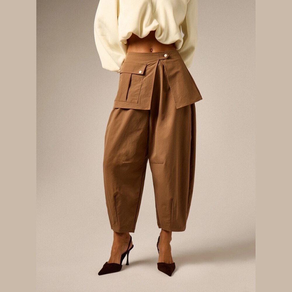 Brown Wrap-Front Cargo Pocket Cropped Barrel Pants